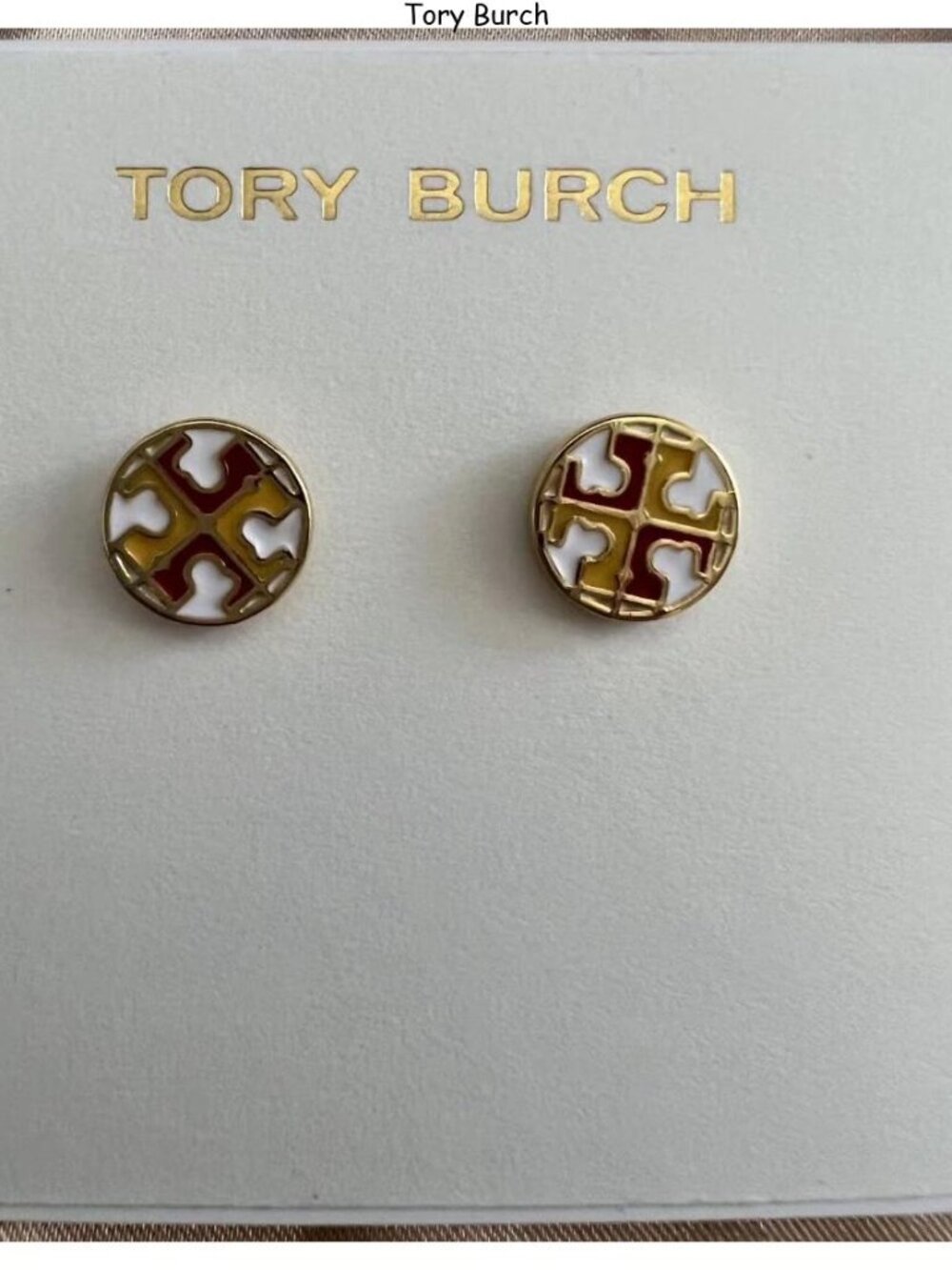 Tory Burch Gold Tone Enamel Logo Stud Earrings in White & Red